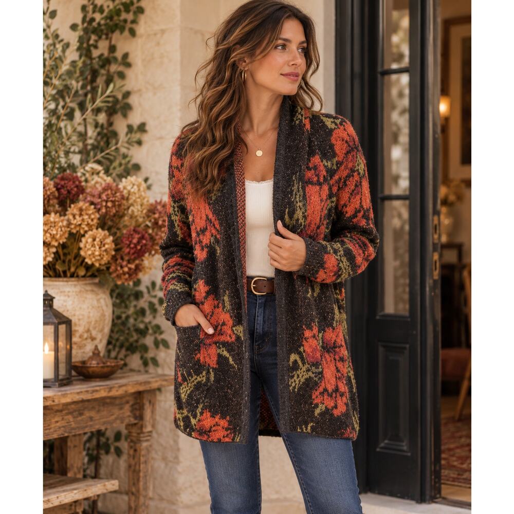 Free People Flower Power Cardigan Sweater Wool Blend Long Line Boho Cottage